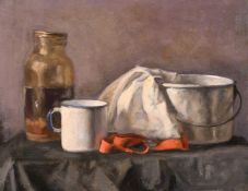 Georges Weissbort (1928-2013), still life with enamel cup and other objects, oil on canvas laid