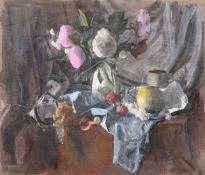 Georges Weissbort (1928-2013), a still life of flowers and other objects on a cloth, along with
