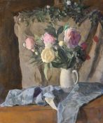 Georges Weissbort (1928-2013), still life with roses in a white jug, oil on canvas laid into