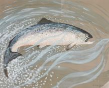 Ralston Gudgeon (1910-1984), a salmon in a torrent of water, watercolour, signed, 20.5
