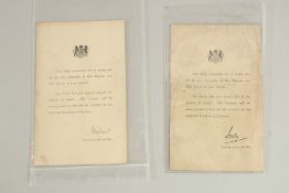TWO LETTERS OF SYMPATHY FROM THE KING AND QUEEN. Signed Milne and Derby, Secretaries of State for