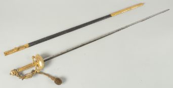 A GOOD DRESS SWORD with brass furniture and leather scabbard. 94cm long.