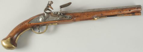 A DRAGOON FLINTLOCK PISTOL by SHEPHERD. 47cm long with brass furniture.