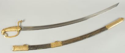 A GOOD RUSSIAN SABRE with brass furniture and leather scabbard. 1.2m long.