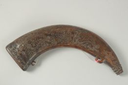 A SCOTTISH A. P.C. VOLUNTEER ENGRAVED HORN POWDER FLASK, dated 1747 ANTONIO ERANESSCO BASTULICA.