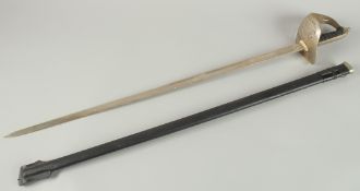 A SWORD in a leather sheath. 42cm long.