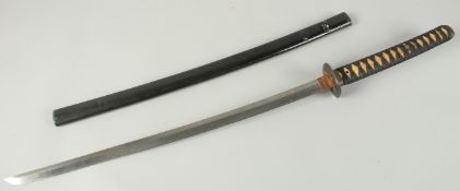 A JAPANESE SWORD with signed blade, lacquer sheath. 98cm long.