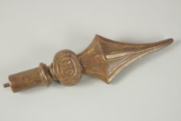 A 1ST WORLD WAR FRENCH BRASS BANNER FINIAL, inital R. F. in an oval.
