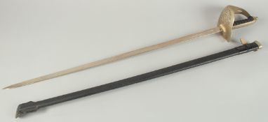 A SWORD in a leather sheath. 100cm long.