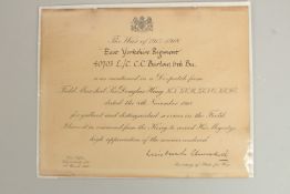 PTE CHARLES C. BARLOW 40703. 6th BATTALION. EAST YORKSHIRE REGIMENT. NOTIFICATION OF MENTION IN