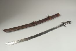 AN EARLY OTTOMAN SWORD, with leather scabbard, 80cm long.