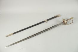 A SILVER MOUNTED EDINBURGH PRESENTATION SWORD, 1804, in a leather sheath. 98cm long.