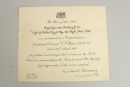 CAPTAIN GEORGE HICKS. ARGYLL BTY. 4th HIGHLAND BDE. NOTIFICATION OF MENTION IN DISPATCHES from