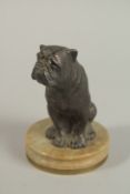 A CAST IRON SEATED BULLDOG CAR MASCOT, on a circular marble base, 25cm high.