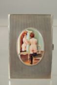 AN ENGINE TURNED SILVER CIGARETTE CASE, London 1941, with an oval enamel plaque of a nude in a
