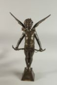AUGUSTE MOREAU. A GOOD 19TH CENTURY BRONZE OF A WINGED CUPID holding a bow 