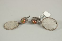A PAIR OF CRYSTAL AND DIAMOND OPAL DECO STYLE EARRINGS.