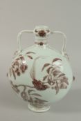 A CHINESE UNDERGLAZE RED AND WHITE PORCELAIN TWIN HANDLED MOON FLASK with birds and flora. 28cm