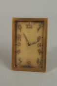 A 1920'S TRAVELLING CLOCK, Swiss made, 8 day by ASPREYS. 11cm x 7cm, with inscription Les
