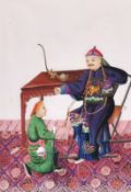 19th Century Chinese School. A boy kneeling before a high ranking official, watercolour on rice