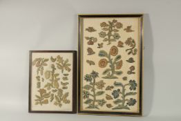 TWO GOOD 17TH CENTURY STUMPWORK PANELS, leaves and flowers. 56cm x 35cm & 37cm x 27cm.