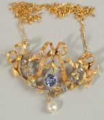 A 19TH CENTURY 18CT GOLD, SAPPHIRE AND DIAMOND PENDANT AND NECKLACE.
