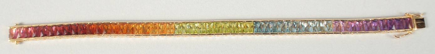 A MULTI-GEMSTONE, 14CT GOLD BRACELET.