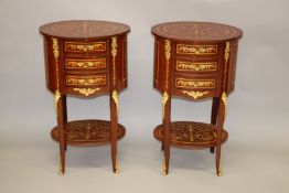 A LARGE PAIR OF LOUIS XVITH STYLE INLAID OVAL THREE DRAWER BEDSIDE CHESTS with undertier on