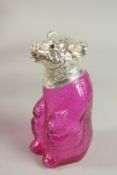A RUBY GLASS NOVELTY CLARET JUG with silver plated bear's head and handle. 23cm high.