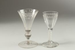 A GEORGIAN WINE GLASS with opaque white twist stem. 13cm high and AN ENGRAVED TRUMPET BOWL GLASS,
