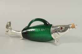 A GREEN COLOURED GLASS NOVELTY FISH CLARET JUG with silver plated head and feet. 35cm high.
