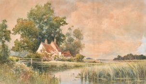 Wiggs Kinnaird (1870-1930), 'Near Walberswick', female figure by a riverside cottage, watercolour,