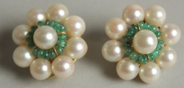 A PAIR OF 18CT GOLD, PEARL AND EMERALD EARRINGS.