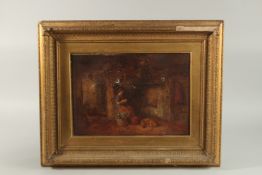 ALFRED PROVIS (1818 - 1890) BRITISH. INTERIOR, A YOUNG GIRL sitting before a fire, a dog at her