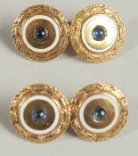 A PAIR OF EDWARDIAN 18CT GOLD SAPPHIRE AND ENAMEL CUFF LINKS.