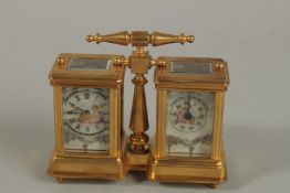 A BRASS DUO CLOCK SET clock and barometer with painted panels and carrying handle. 11cm wide. 197.