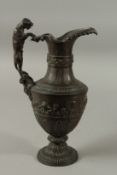 A GOOD GRAND TOUR CLASSICAL BRONZE JUG with classical scenes and leopard handle. 31cms high.