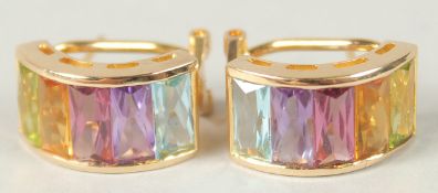 A PAIR OF MULTI-GEMSTONE, 14CT GOLD HOOP EARRINGS.