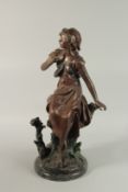 AUG MOREAU. A BRONZE OF A YOUNG GIRL sitting on a tree stump, with marble base. Signed 66cm high.