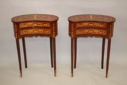 A PAIR OF LOUIS XVITH STYLE INLAID TWO DRAWER BEDSIDE CHESTS on curving legs. 58cm wide, 76cm high.