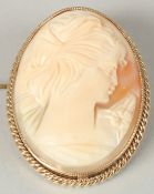 A 9CT YELLOW GOLD SHELL CAMEO BROOCH with carved side profile of a woman.