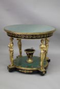 A SUPERB MALACITE AND ORMOLU, TWO TIER CENTRE TABLE supported by four ormolu figures. 101cm