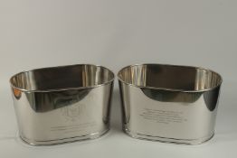 A SMALL PAIR OF CHAMPAGNE CHROME ICE BUCKETS. 42cm x 24cm