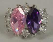 A .925 SILVER, DIAMONTE AND BLUE STONE RING.