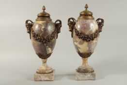 A VERY GOOD PAIR OF LOUIS XVITH MARBLE AND ORMOLU CASSOLETTES with rams head handles and floral