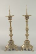 A PAIR OF SILVER PLATE PRICKET CANDLESTICKS on claw feet. 50cm.