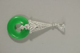 A SILVER JADE AND CZ DECO STYLE PENDANT.
