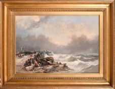 19th Century English School. A pair of oil on canvas scenes of figures by beached boats. 15