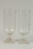 A GOOD PAIR OF GLASS STORM LANTERNS with oval decoration on square stepped bases. 40cm high