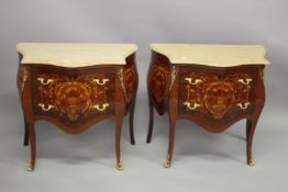 A LARGE PAIR OF LOUIS XVITH STYLE SERPENTINE FRONTED TWO DRAWER BEDSIDE COMMODES with marble tops